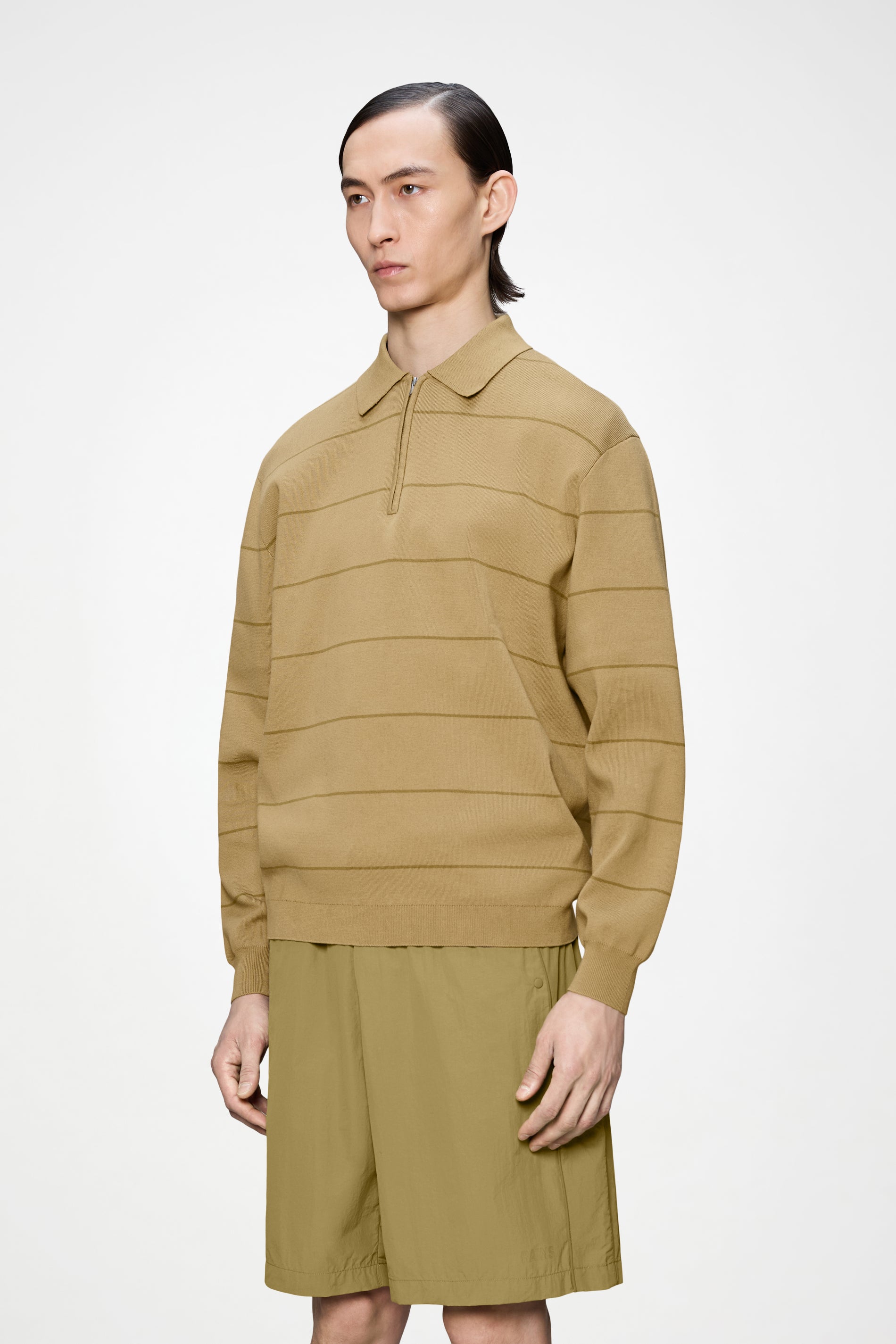 RAINS Striped Knit Long Sleeve Polo Fawn Long Sleeve