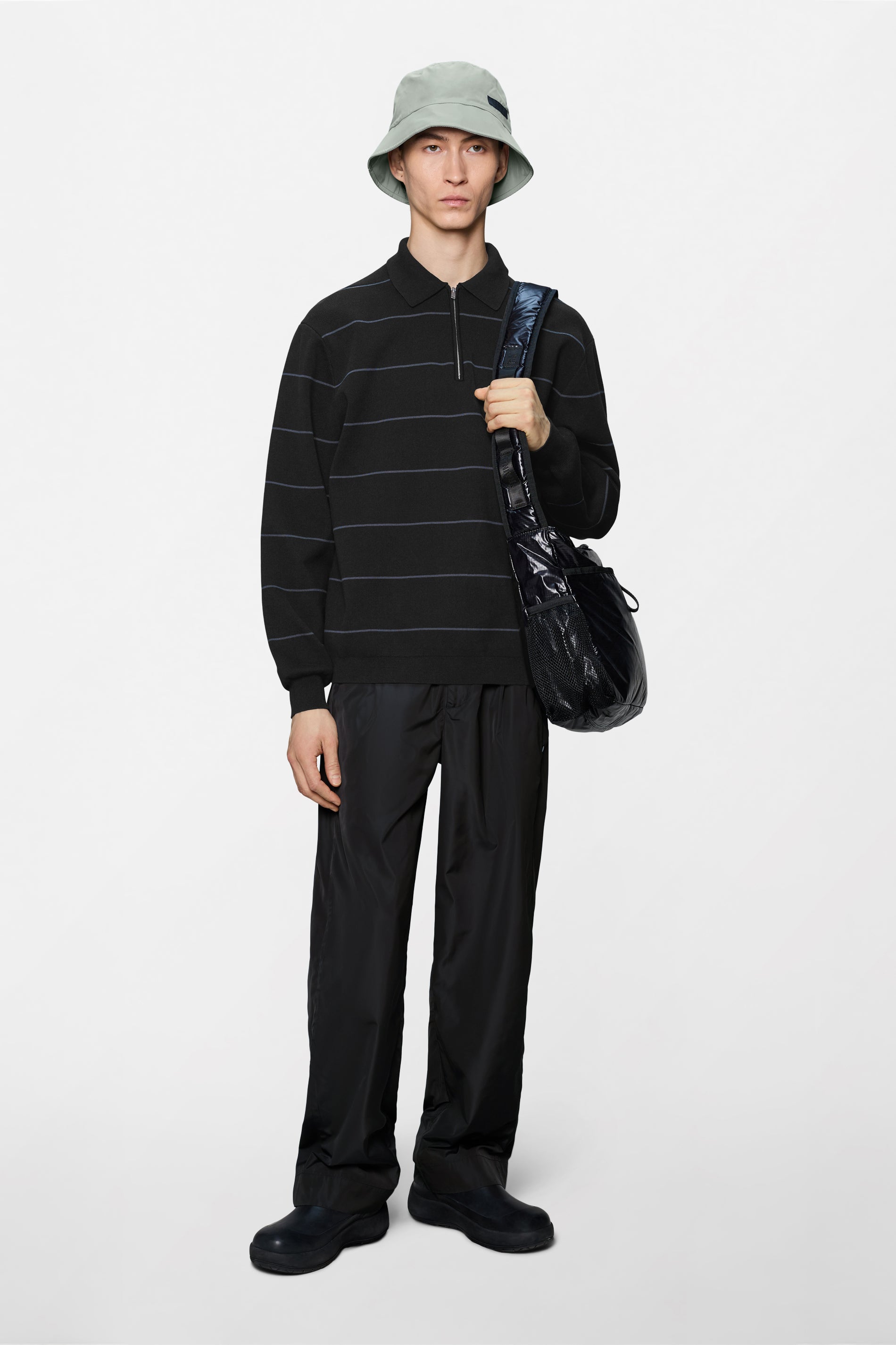 RAINS Striped Knit Long Sleeve Polo Black Long Sleeve