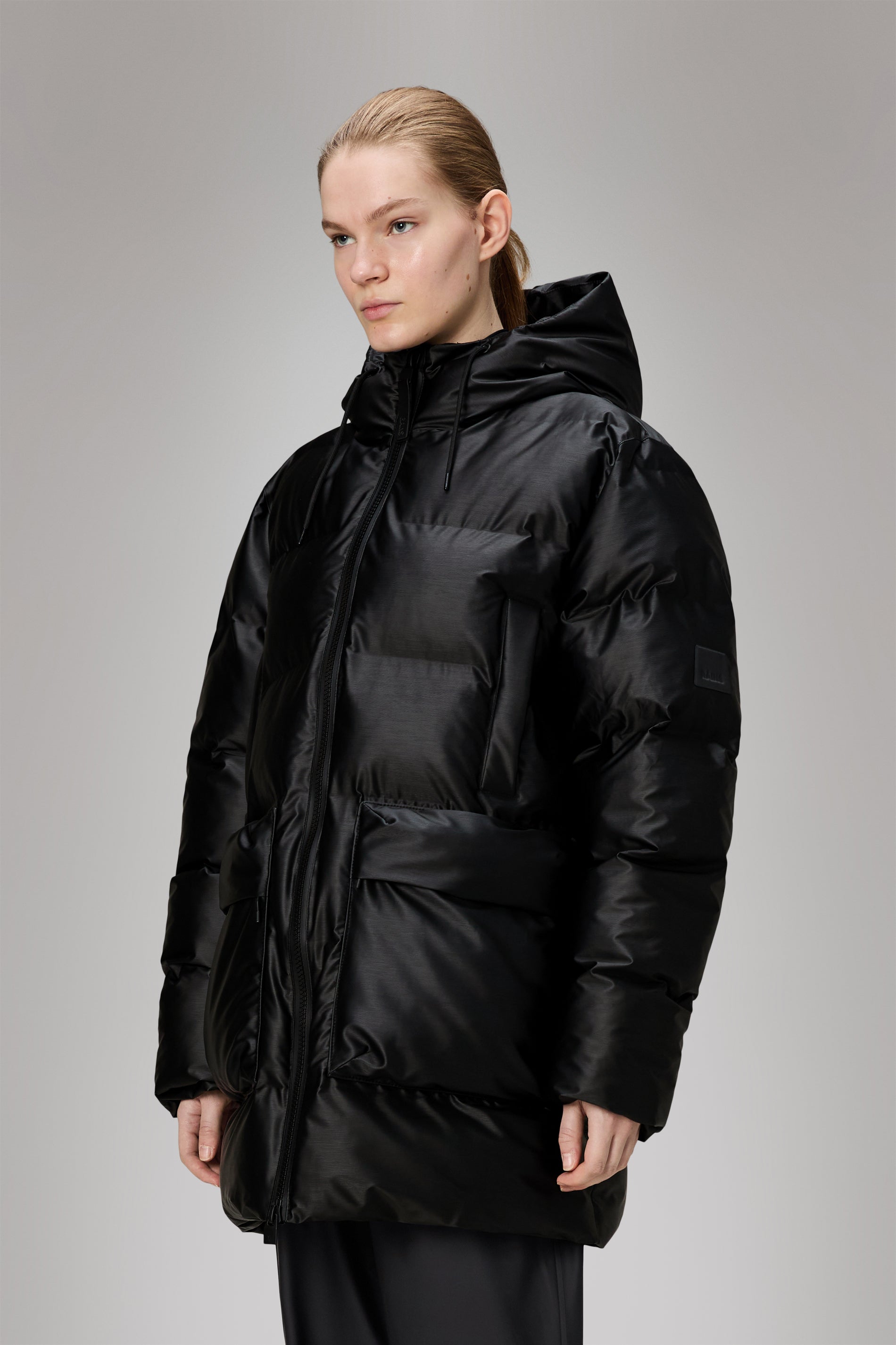 RAINS Alta Long Puffer Cargo Jacket Black Grain Jacket