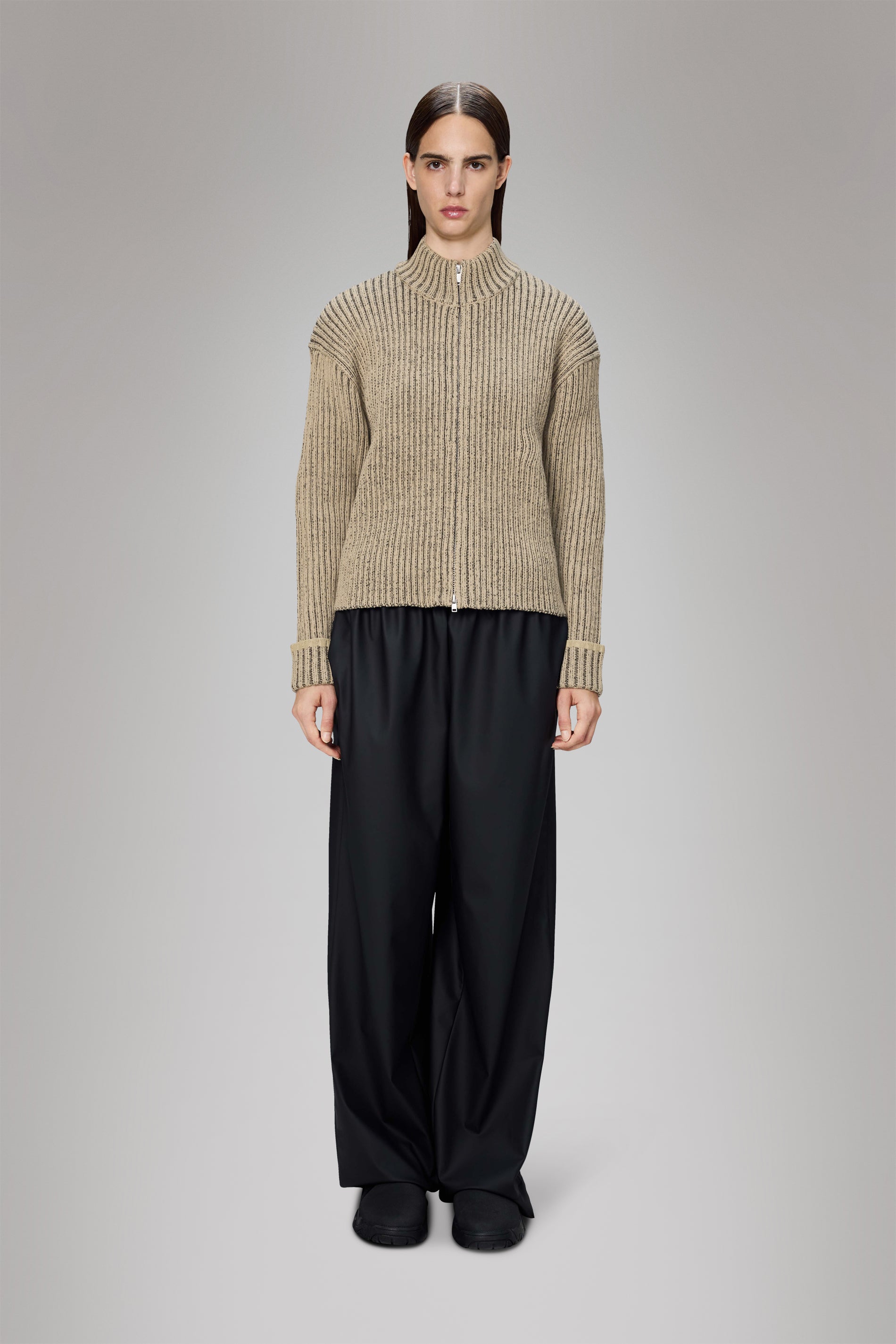 RAINS Sapa Knit W Zip Cardigan Beige/Black Long Sleeve