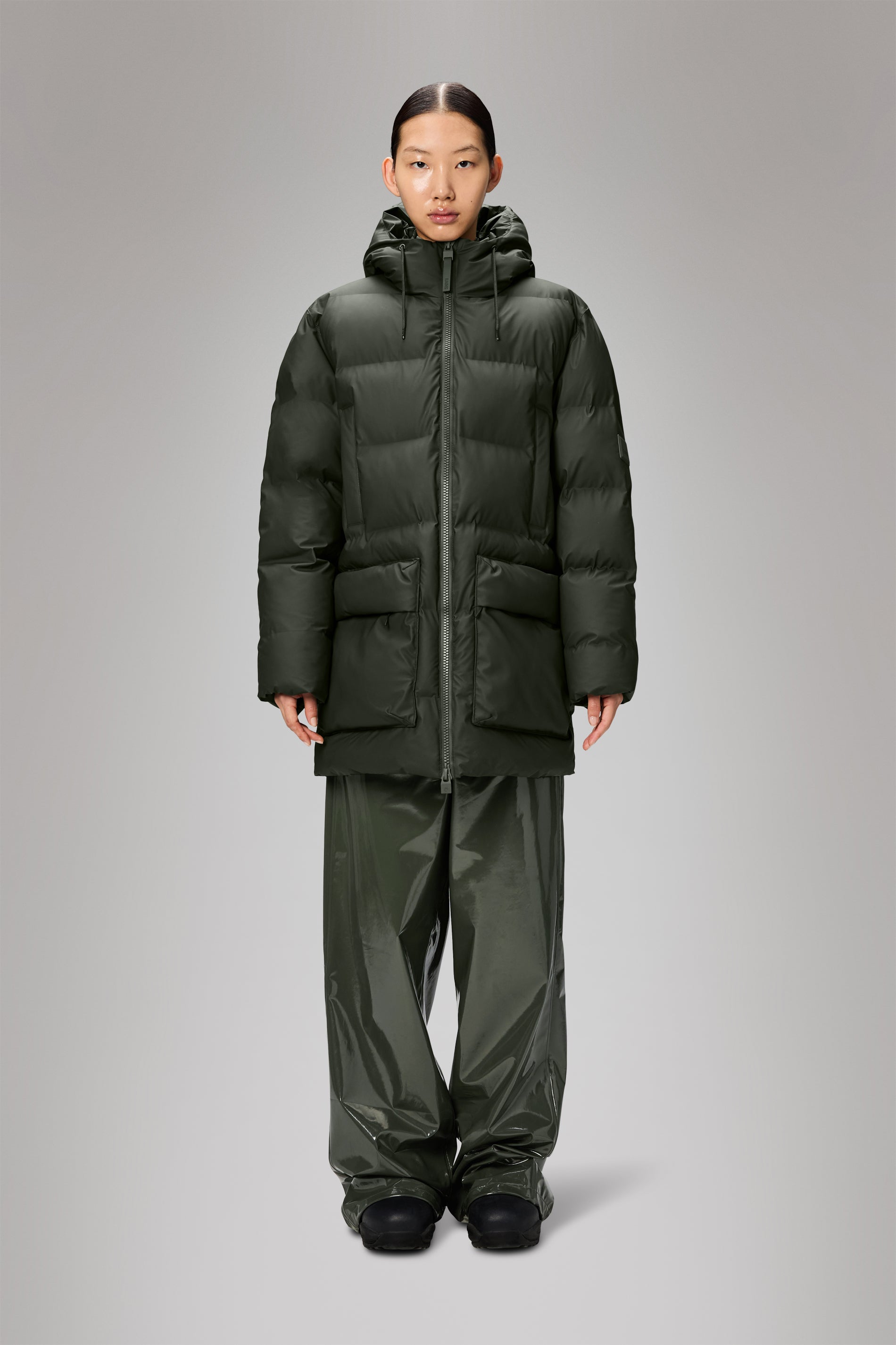 RAINS Alta Long Puffer Cargo Jacket Green Jacket