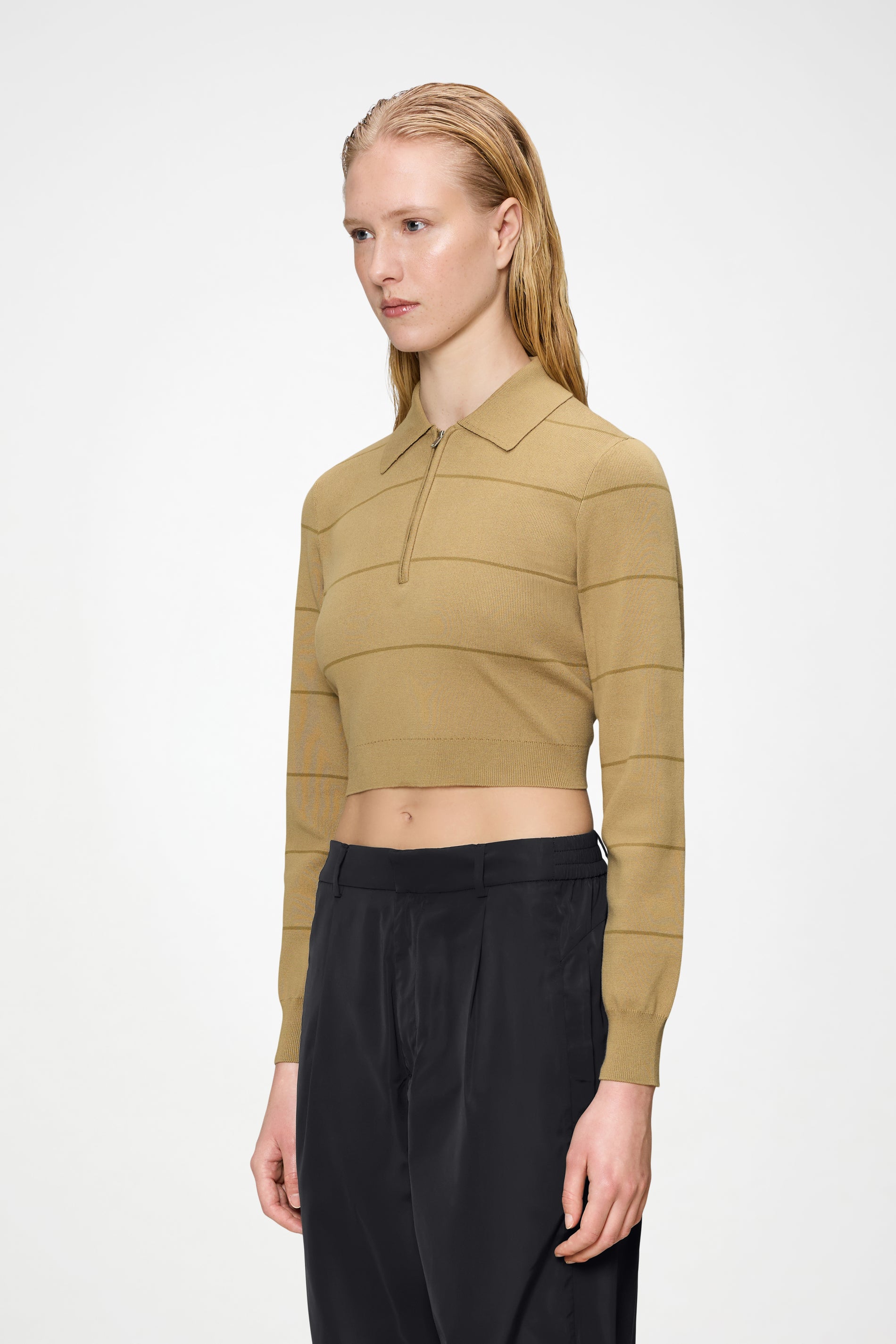 RAINS Striped Knit W Long Sleeve Polo Fawn Long Sleeve