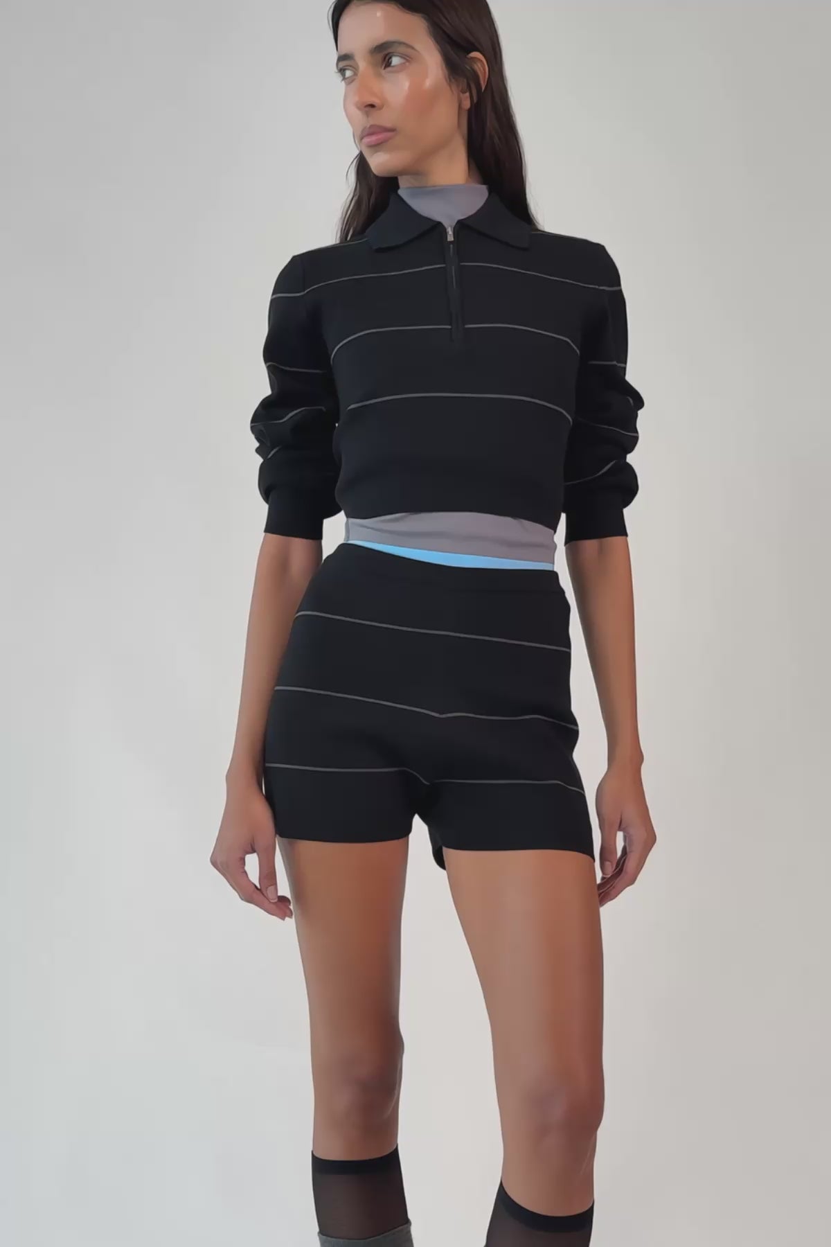 RAINS Striped Knit W Long Sleeve Polo Black Long Sleeve